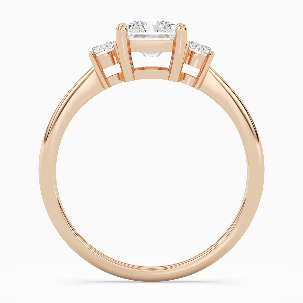 Radiant Classic Round Three Stone Small Sides in 14K Rose Gold side profile