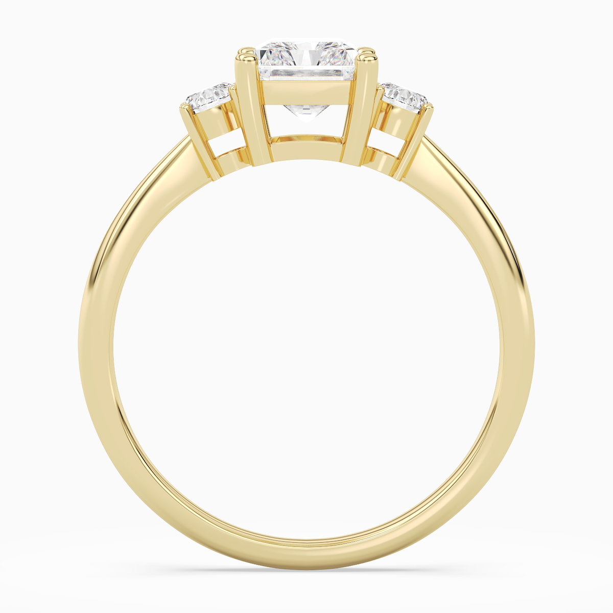 Radiant Classic Round Three Stone Small Sides in 14K Yellow Gold side profile
