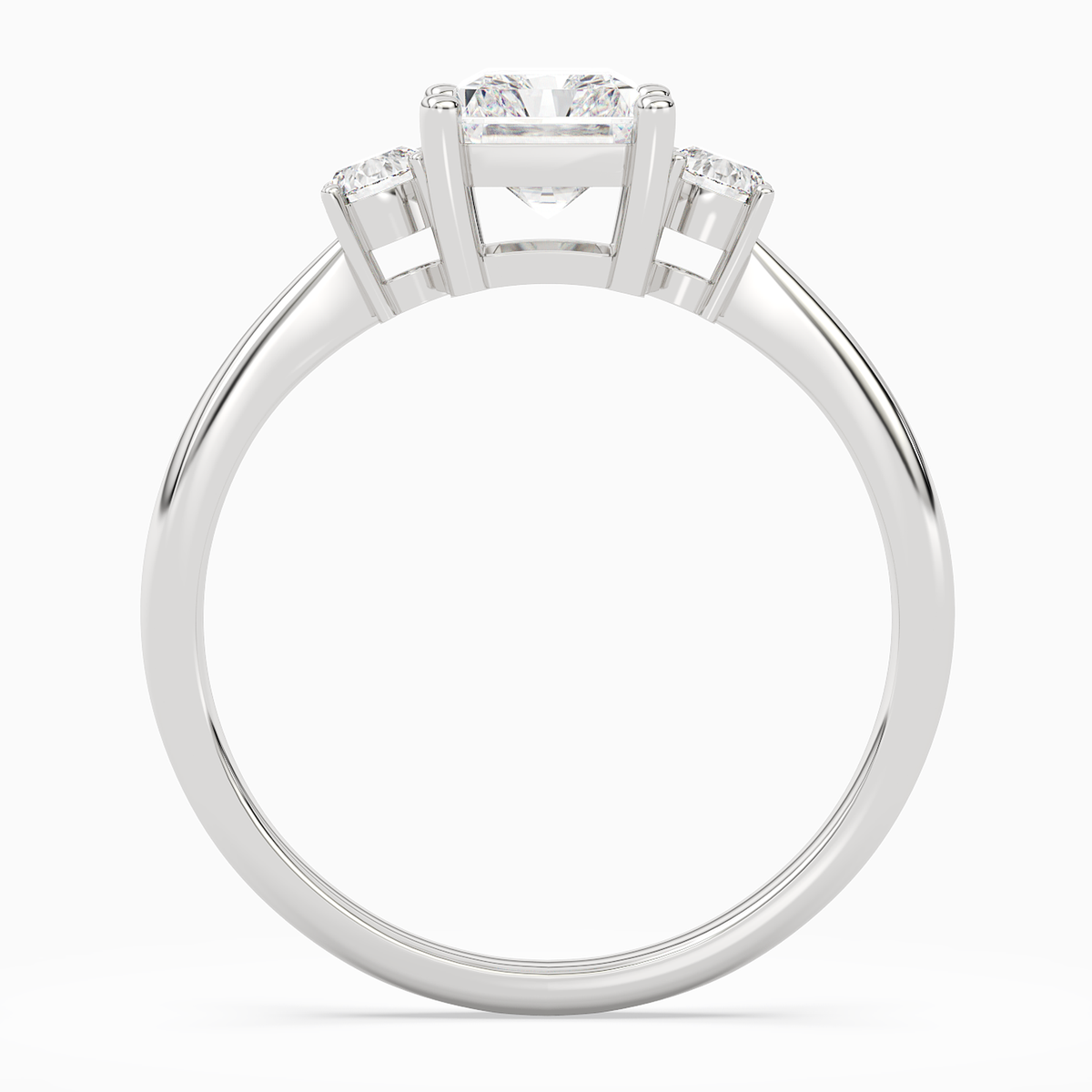 Radiant Classic Round Three Stone Small Sides in 18K White Gold side profile