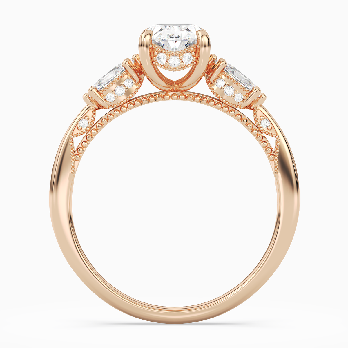 Oval Ornate Accented Three Stone in 14K Rose Gold side profile