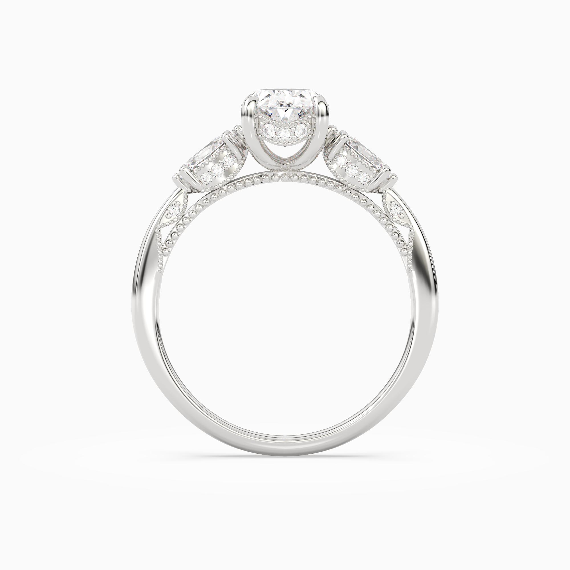 Oval Ornate Accented Three Stone in 14K White Gold side profile