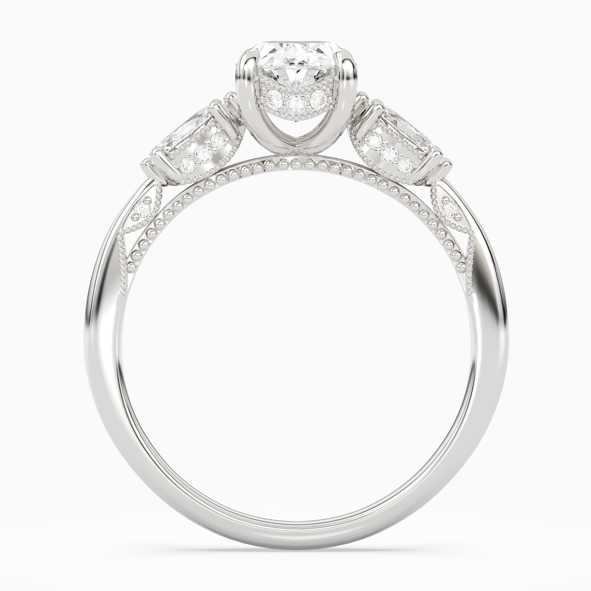 Oval Ornate Accented Three Stone in 18K White Gold side profile