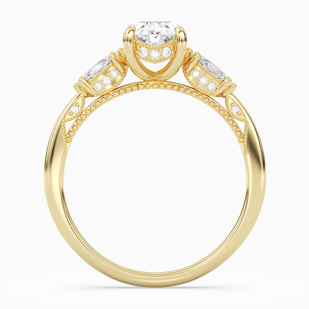 Oval Ornate Accented Three Stone in 18K Yellow Gold side profile