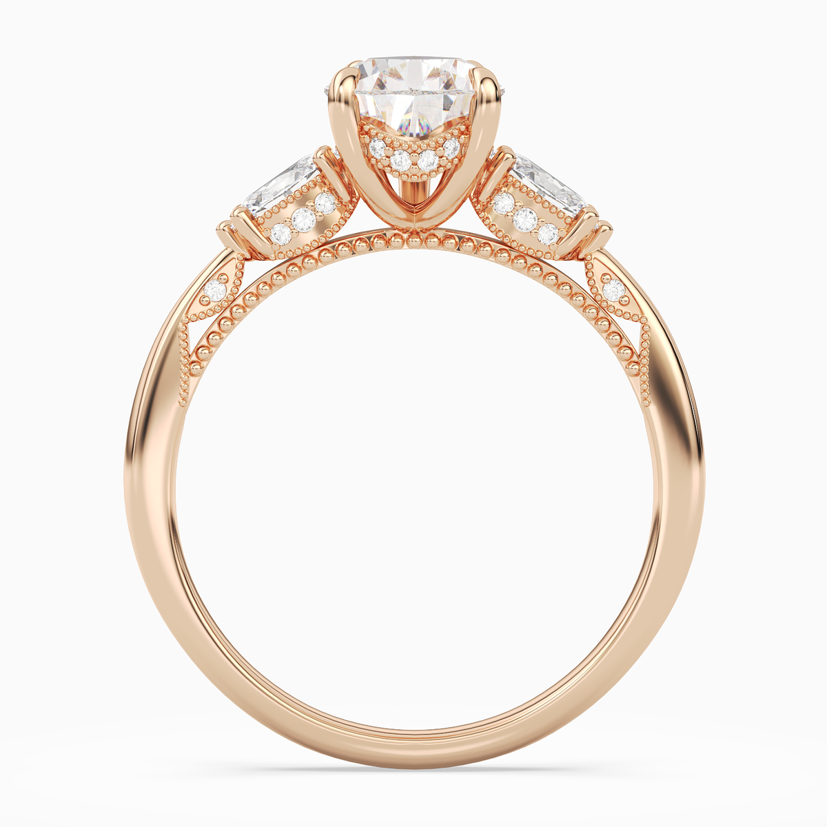 Pear Ornate Accented Three Stone in 14K Rose Gold side profile
