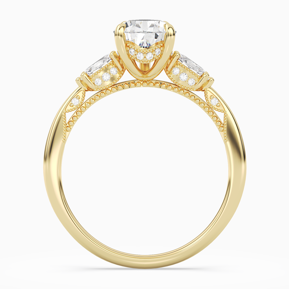 Pear Ornate Accented Three Stone in 14K Yellow Gold side profile