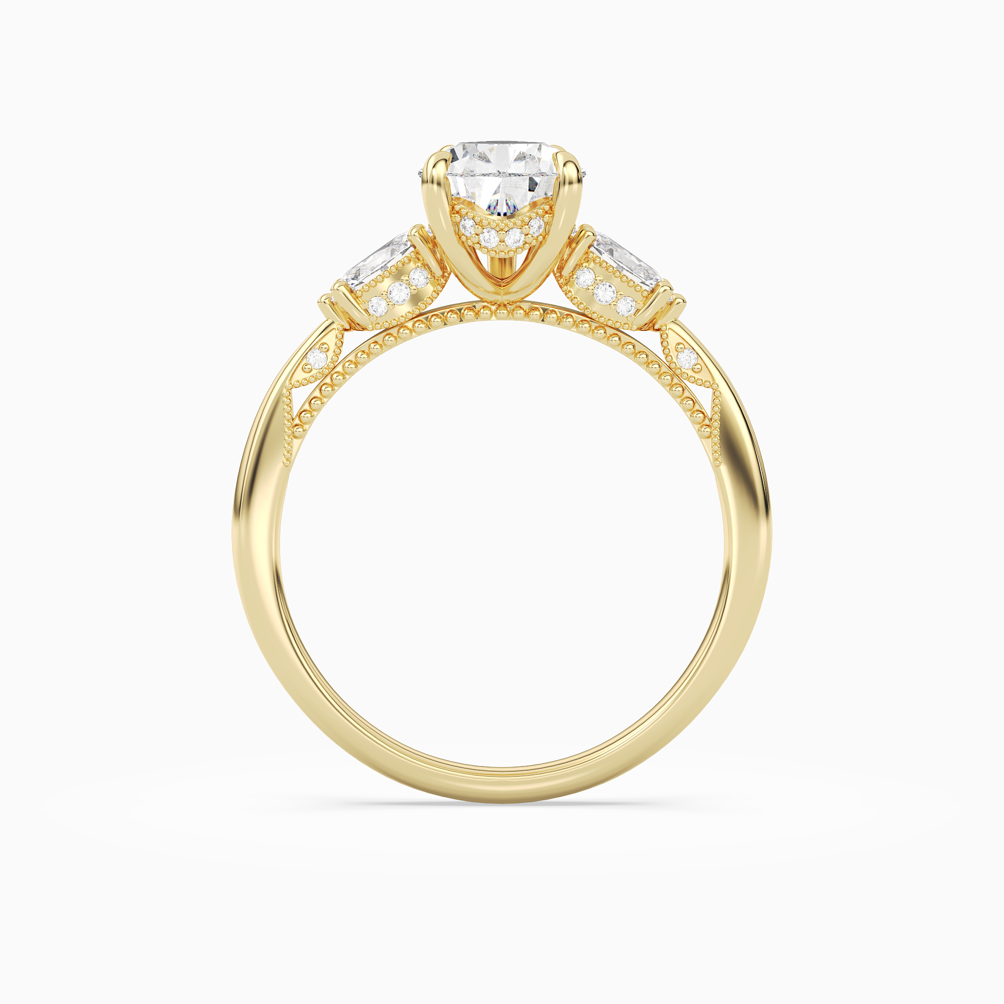 Pear Ornate Accented Three Stone in 18K Yellow Gold side profile