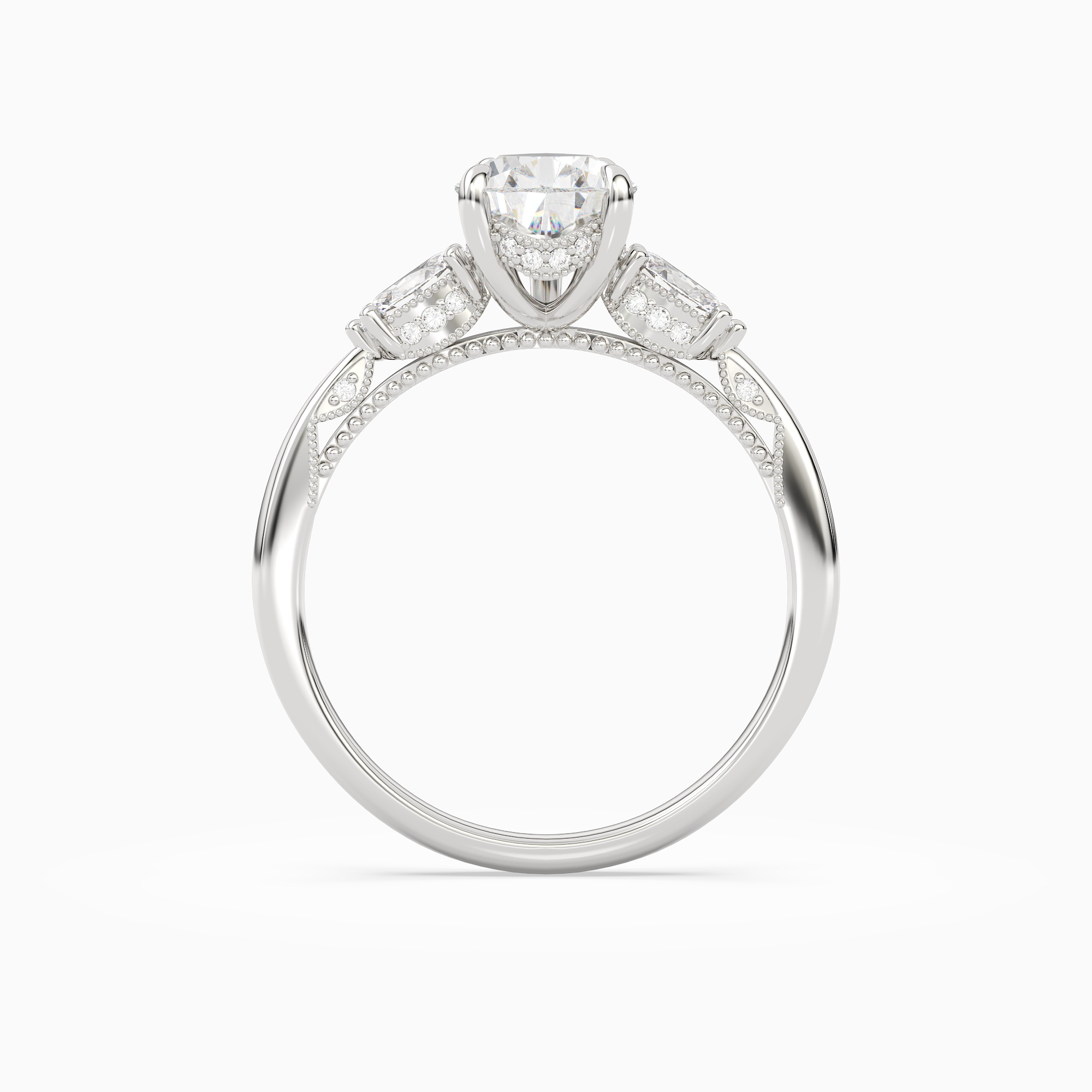 Pear Ornate Accented Three Stone in Platinum side profile