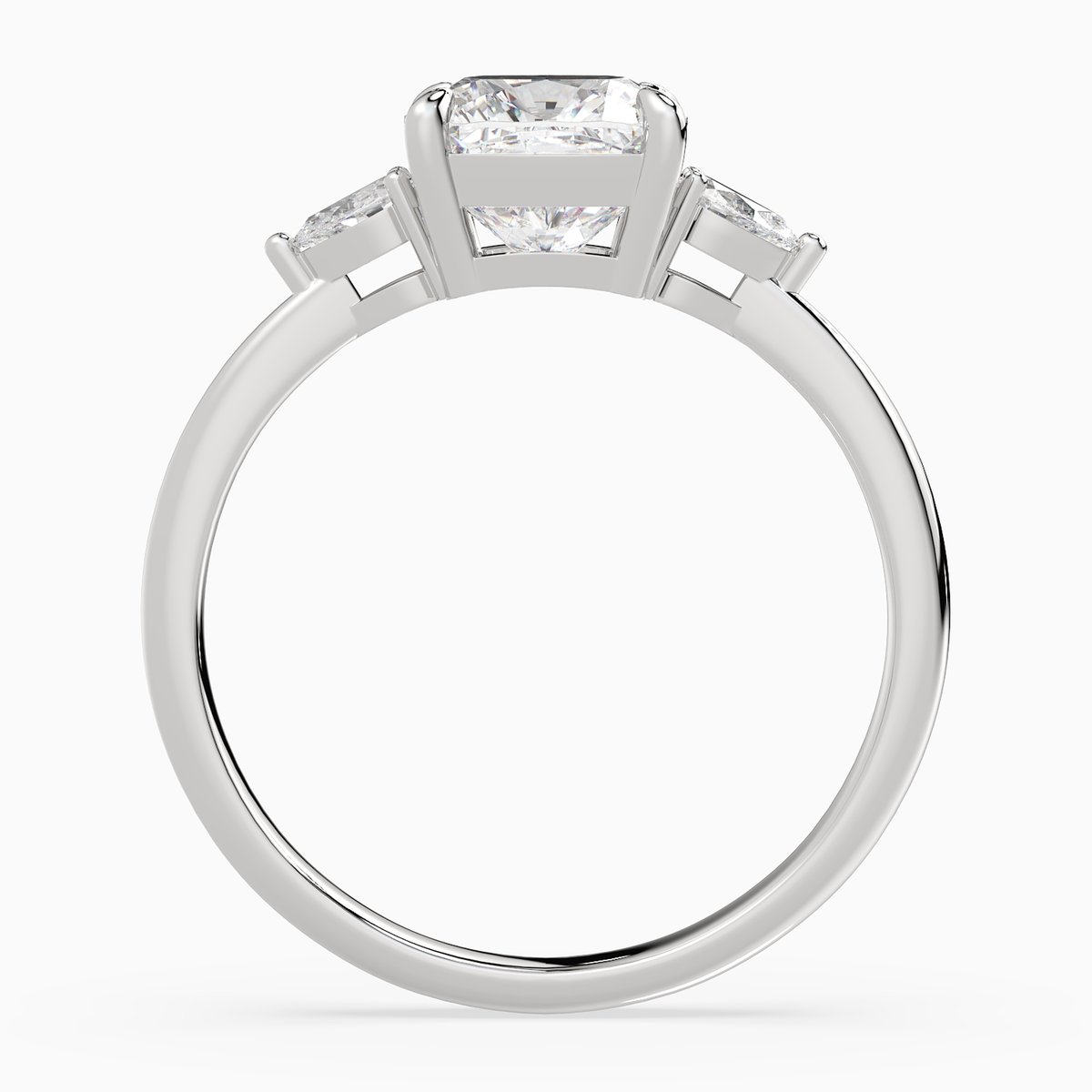 Cushion Pear Side Three Stone Classic in 18K White Gold side profile