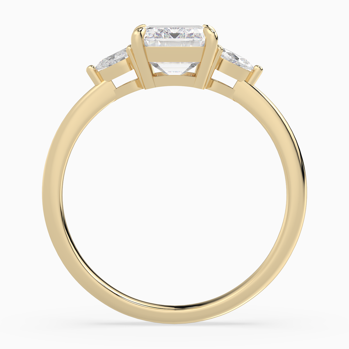 Emerald Pear Side Three Stone Classic in 14K Yellow Gold side profile