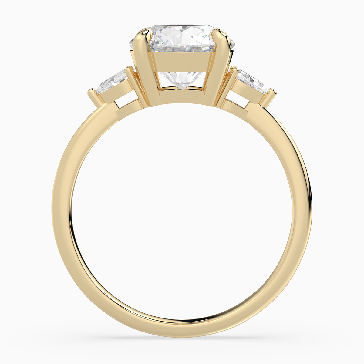 Round Pear Side Three Stone Classic in 18K Yellow Gold side profile