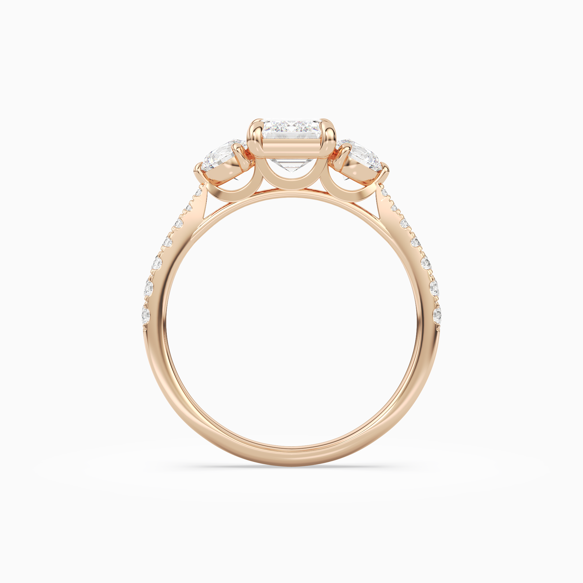 Emerald Round Side Three Stone Pavé in 14K Rose Gold side profile