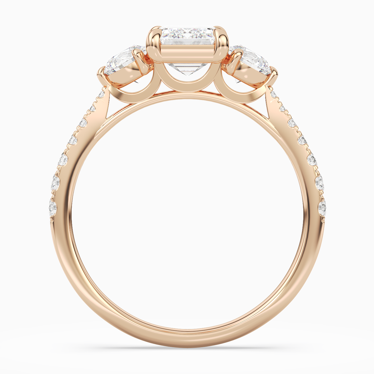 Emerald Round Side Three Stone Pavé in 14K Rose Gold side profile