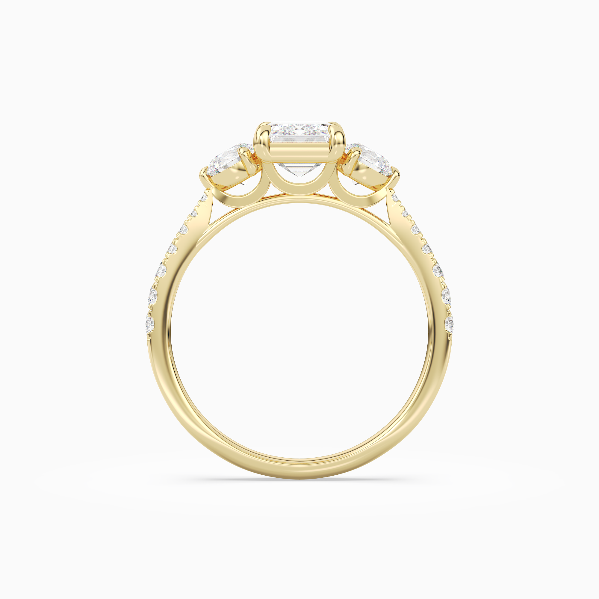 Emerald Round Side Three Stone Pavé in 14K Yellow Gold side profile