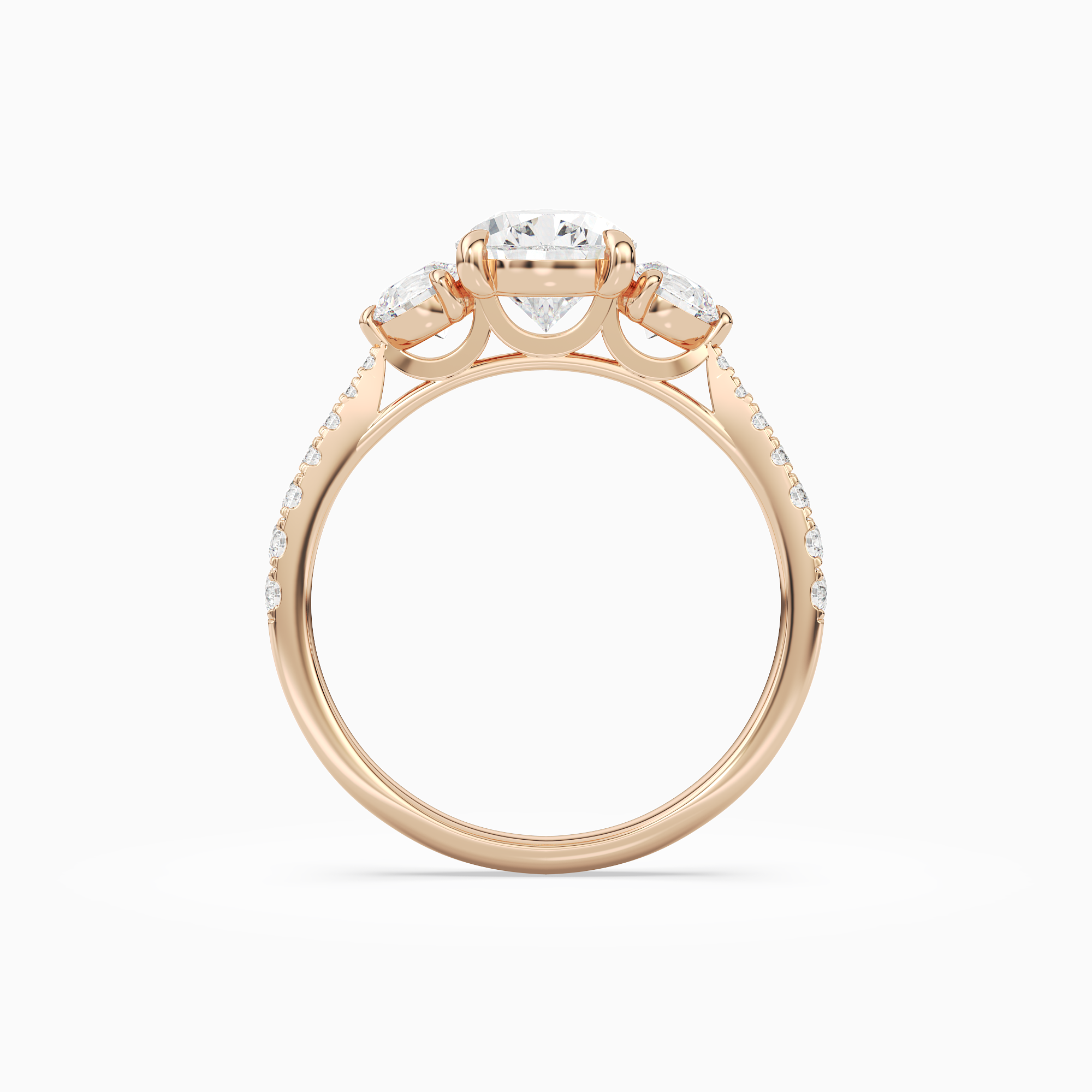 Pear Round Side Three Stone Pavé in 14K Rose Gold side profile