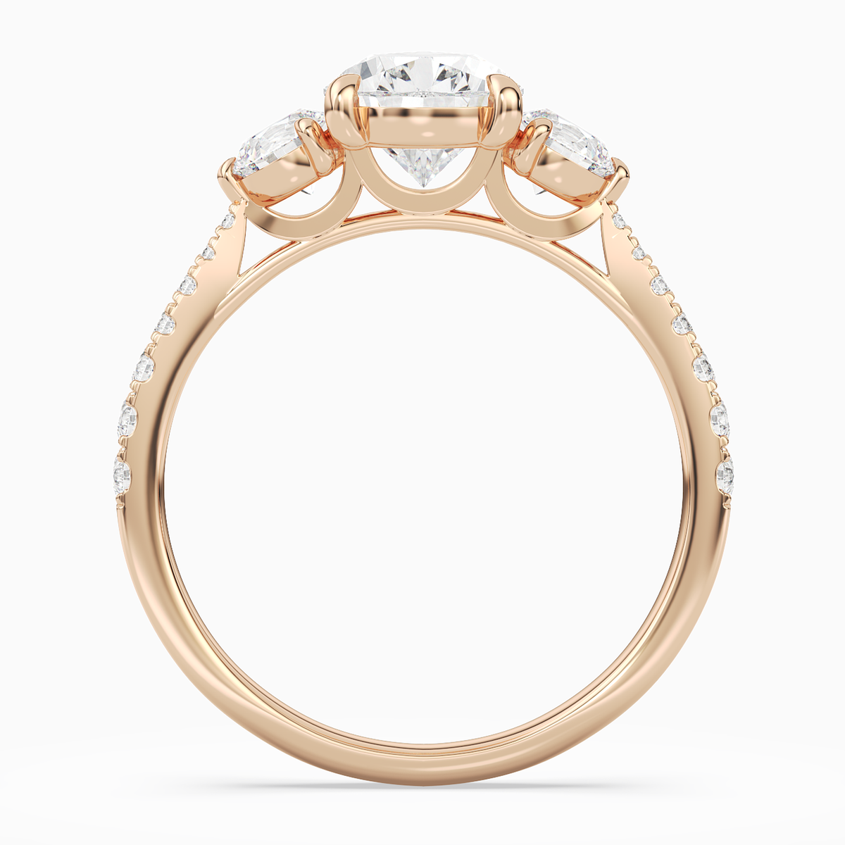 Pear Round Side Three Stone Pavé in 14K Rose Gold side profile