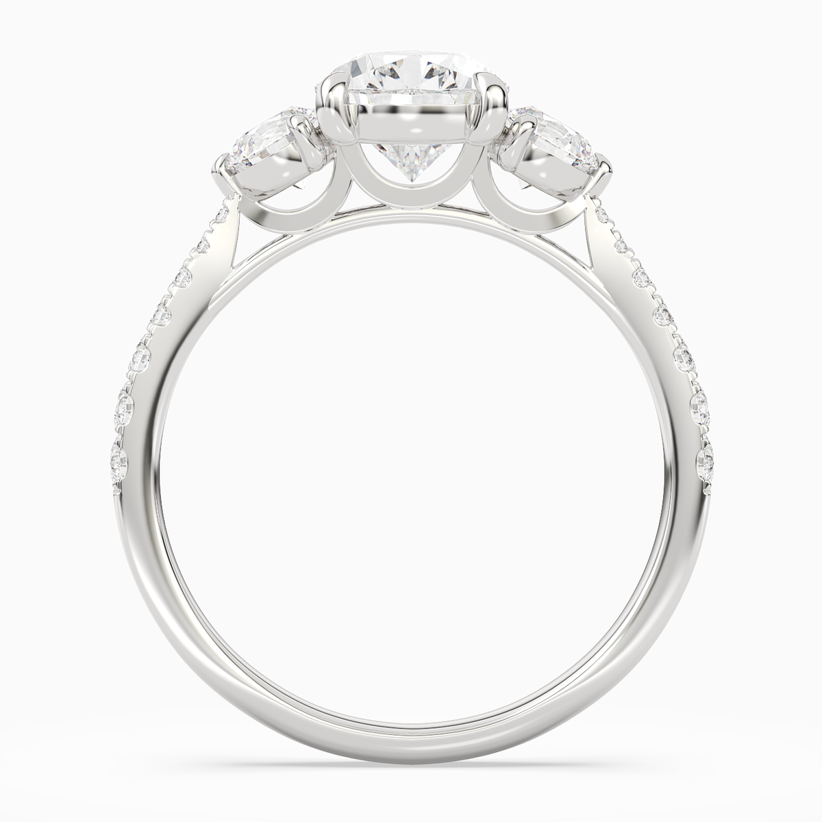 Pear Round Side Three Stone Pavé in 14K White Gold side profile