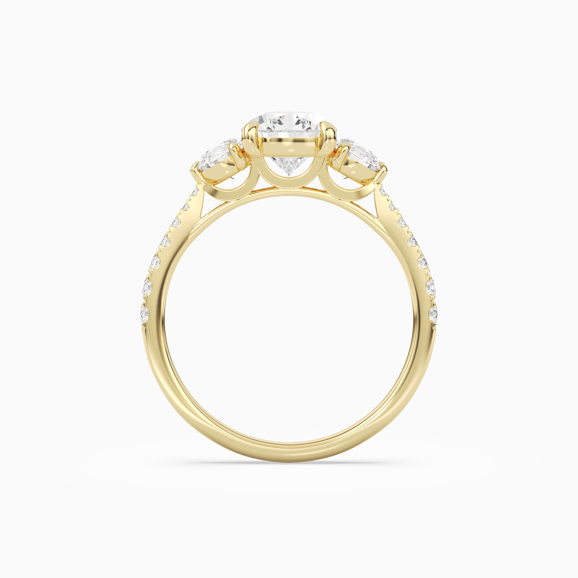 Pear Round Side Three Stone Pavé in 18K Yellow Gold side profile