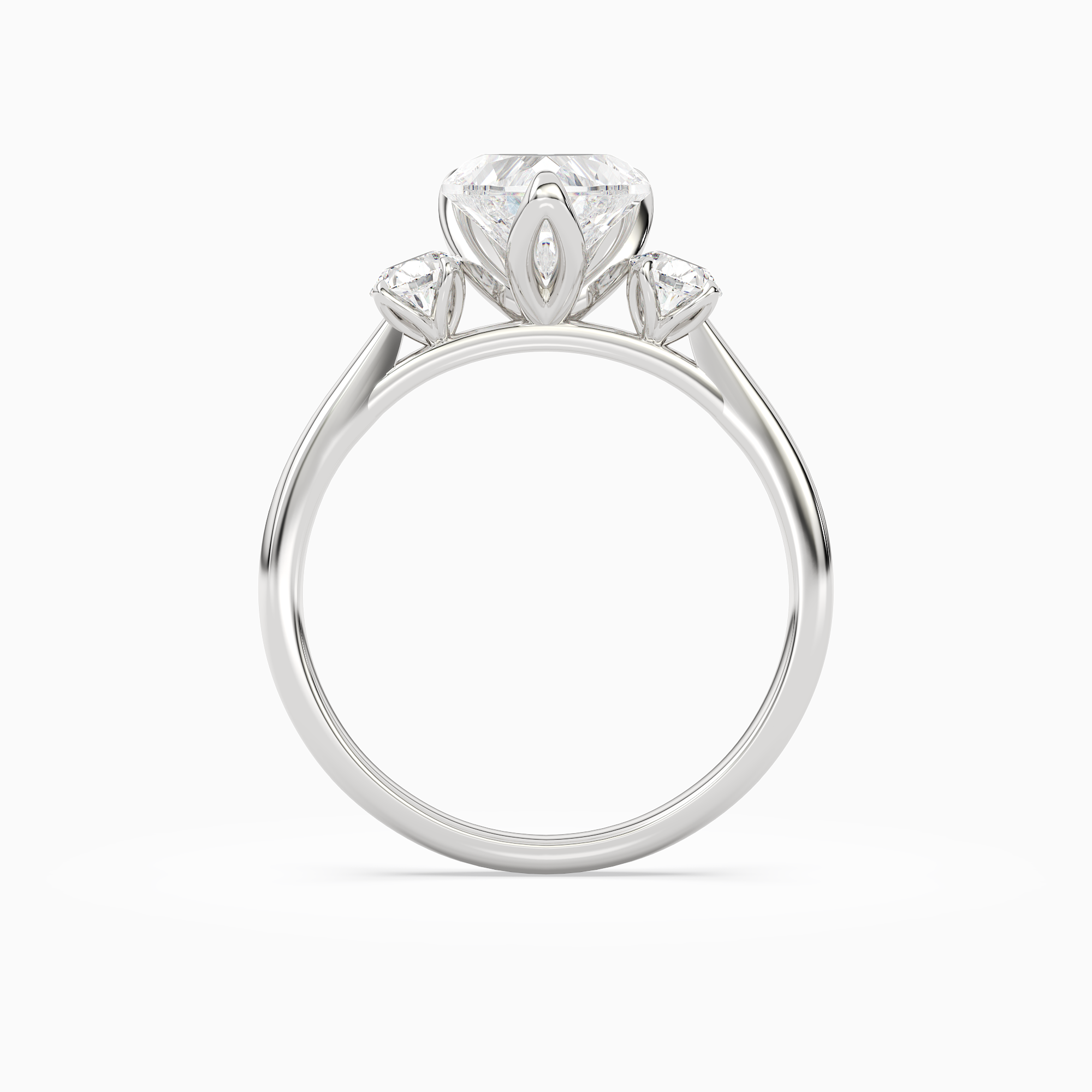 Heart Pear Three-Stone with Round Sides in Platinum side profile