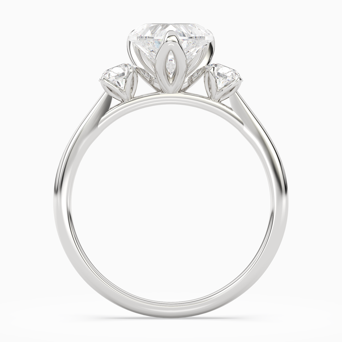 Heart Pear Three-Stone with Round Sides in Platinum side profile