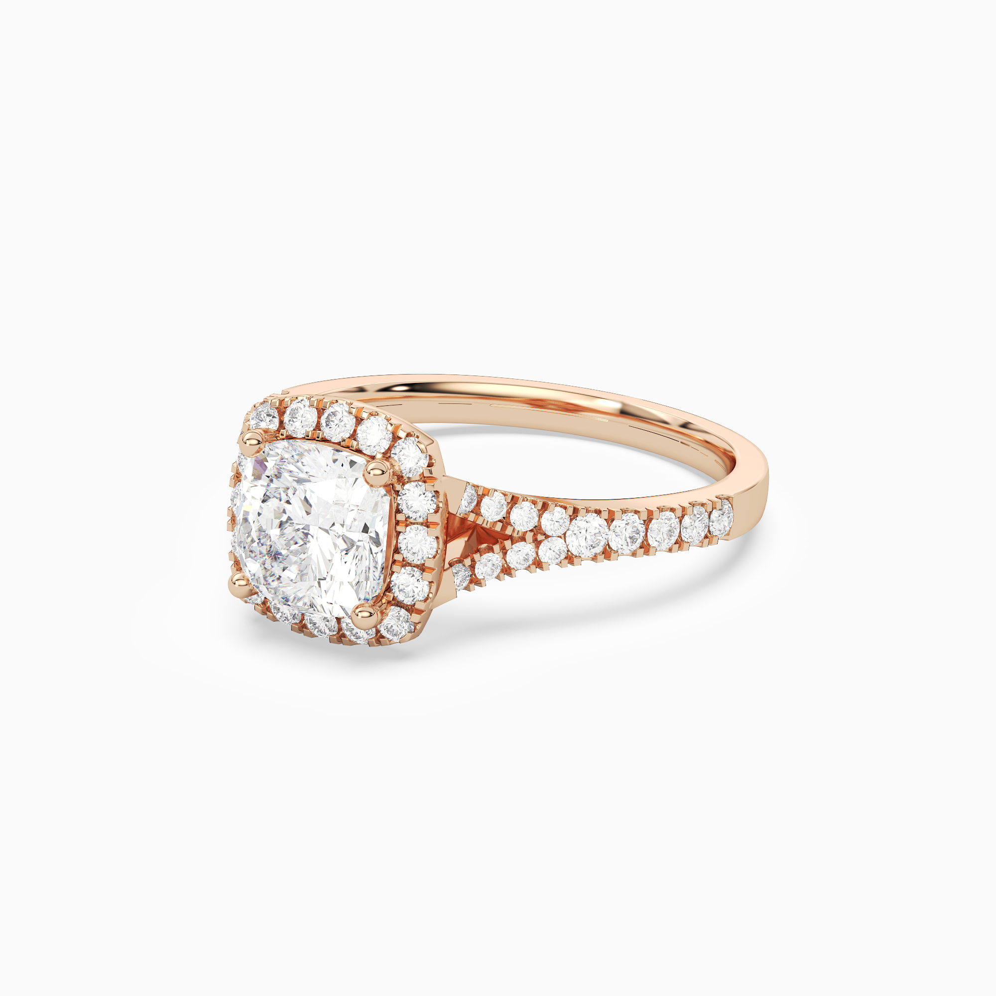 Cushion Classic Halo Split Shank Ring in 14K Rose Gold top angle