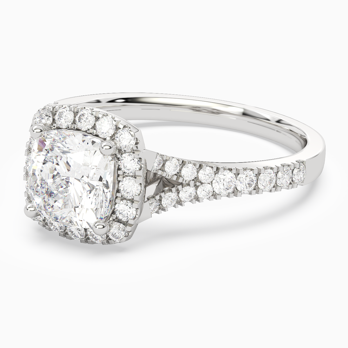 Cushion Classic Halo Split Shank Ring in 14K White Gold top angle