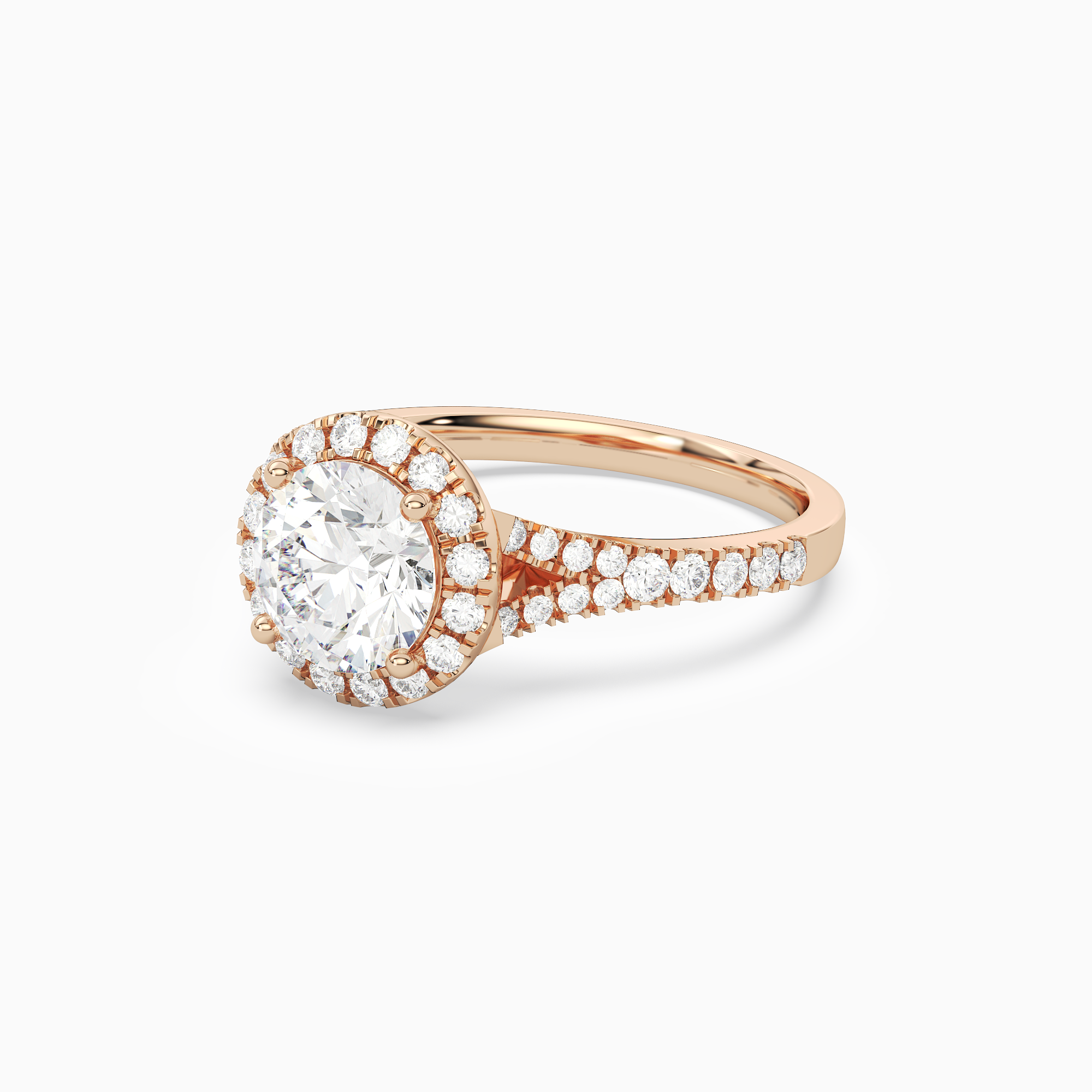 Round Classic Halo Split Shank Ring in 14K Rose Gold top angle