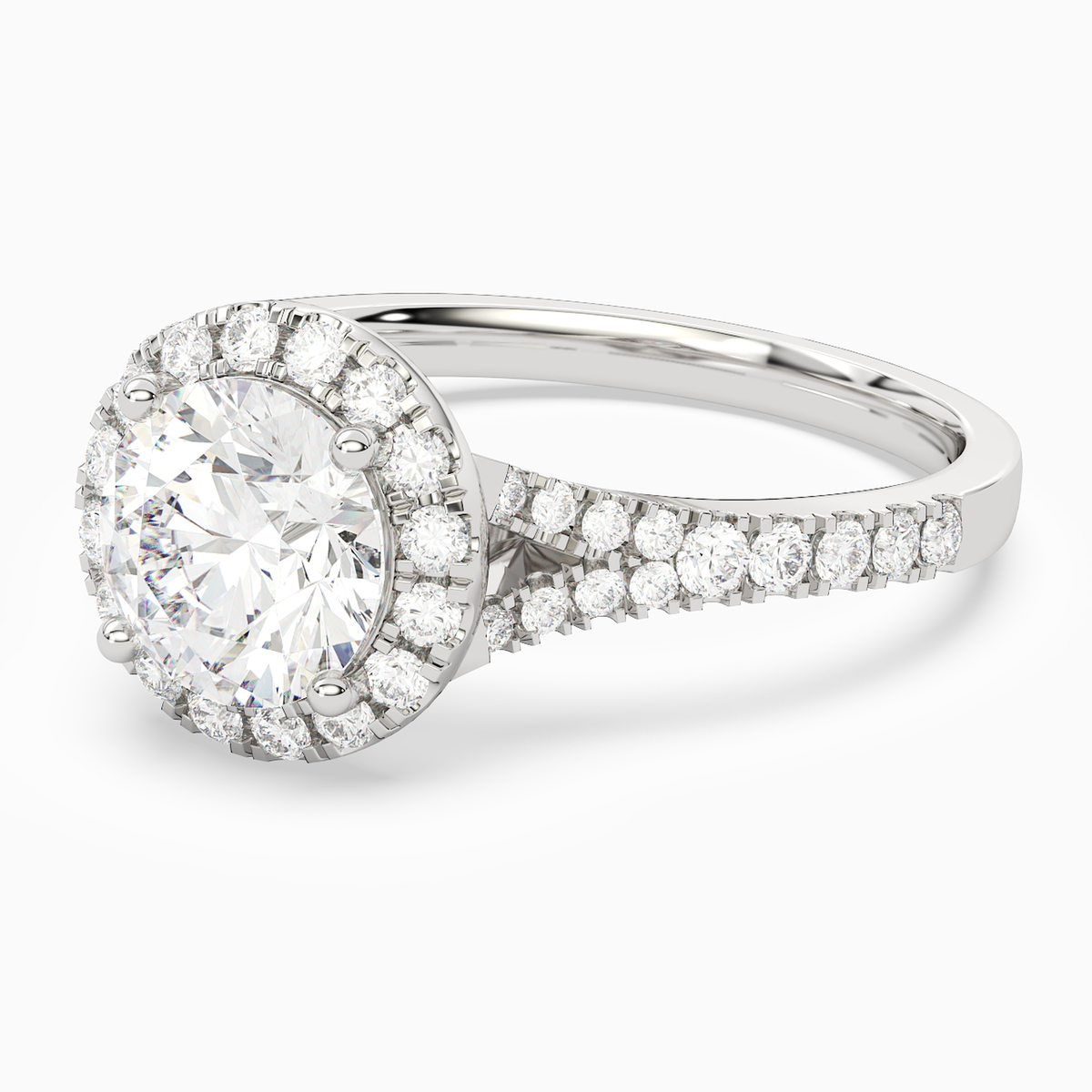 Round Classic Halo Split Shank Ring in 14K White Gold top angle