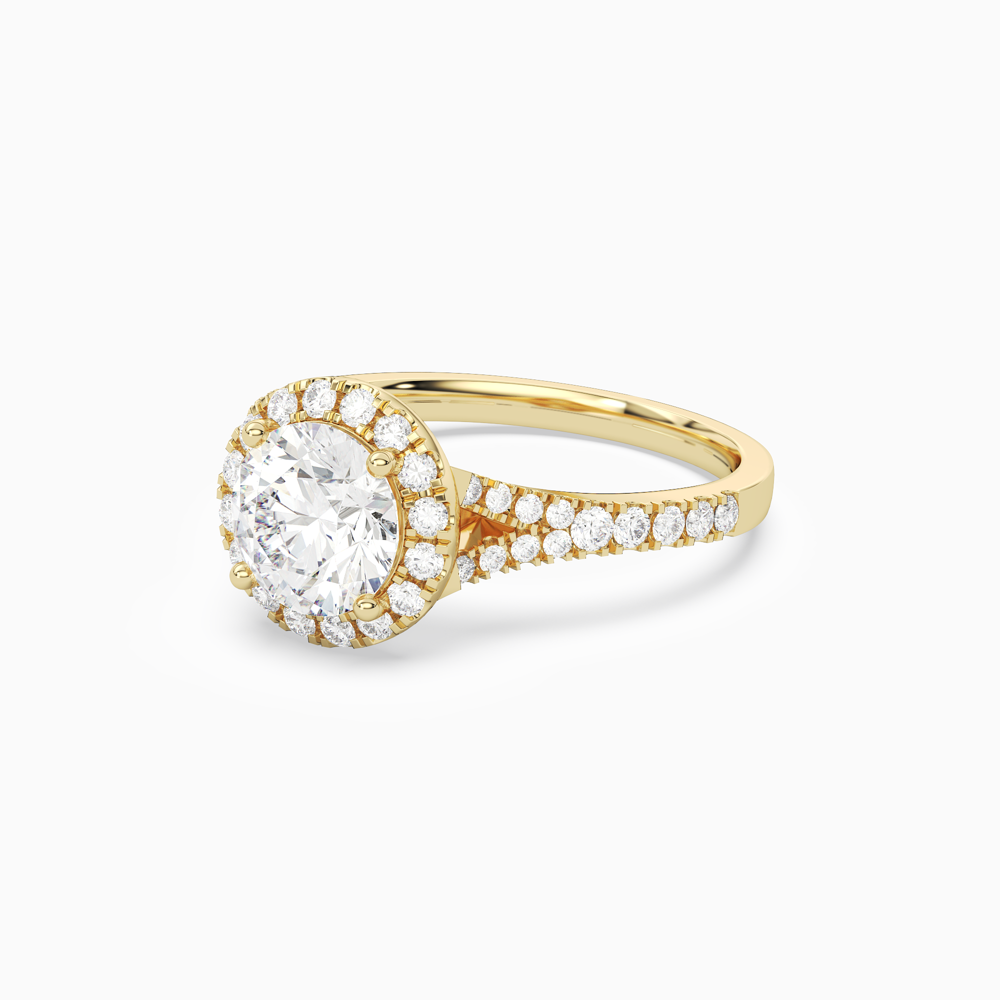 Round Classic Halo Split Shank Ring in 14K Yellow Gold top angle