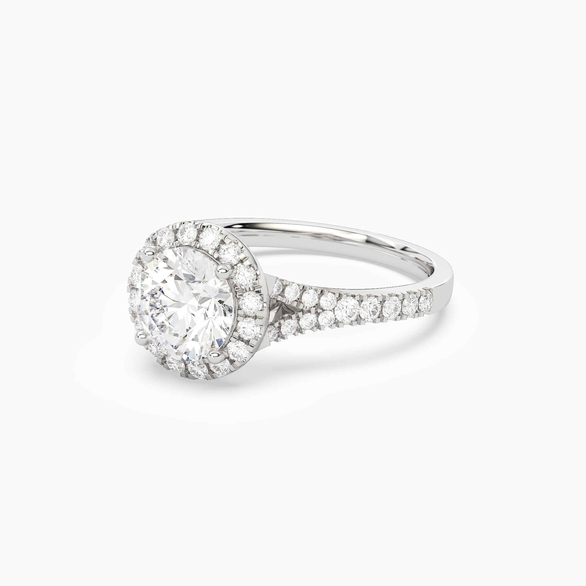 Round Classic Halo Split Shank Ring in 18K White Gold top angle