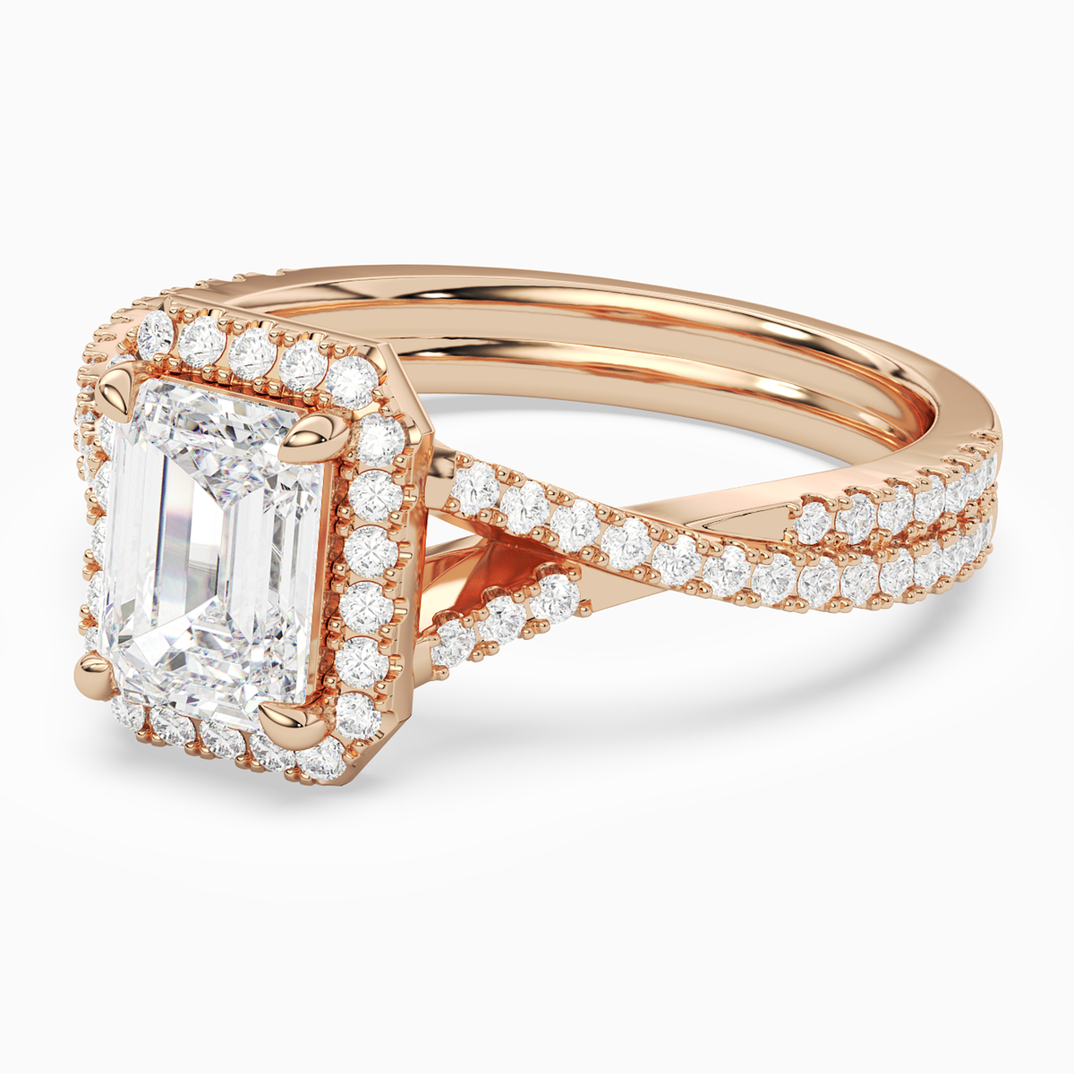 Emerald Twisted Shank Halo in 14K Rose Gold top angle