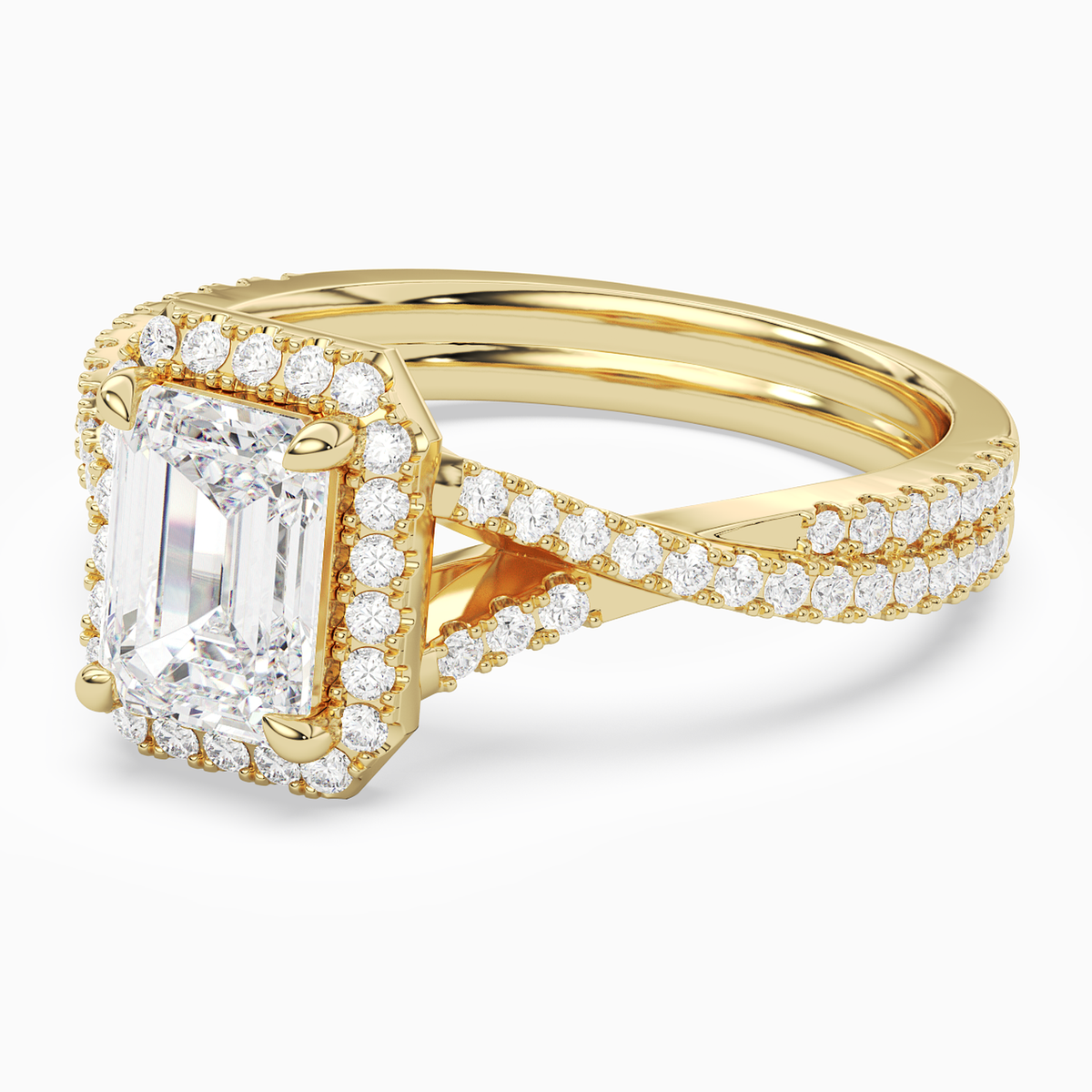 Emerald Twisted Shank Halo in 18K Yellow Gold top angle