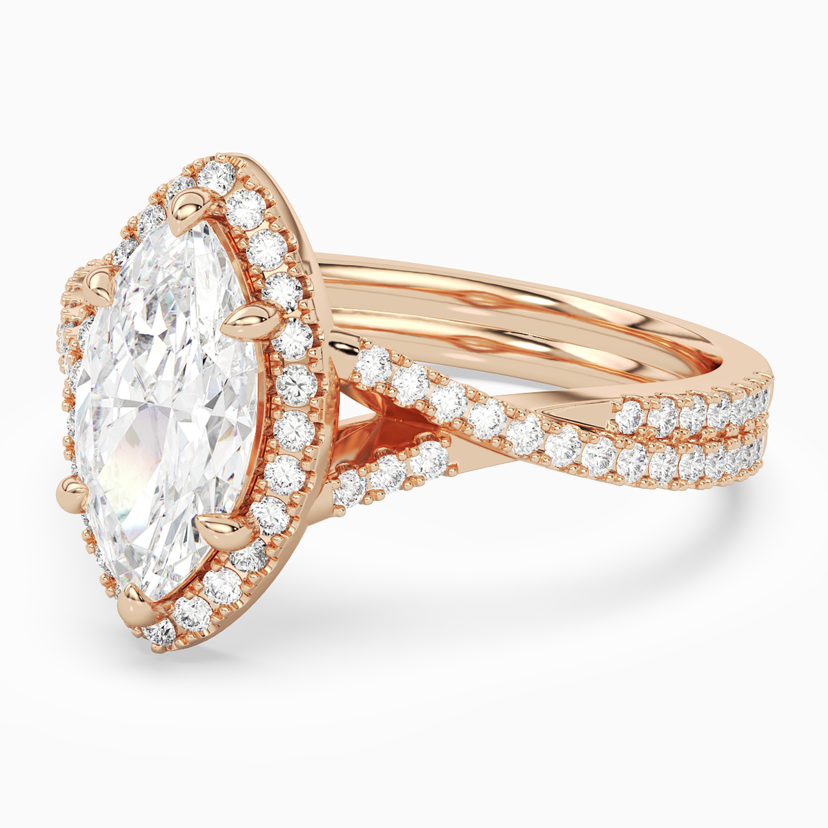 Marquise Twisted Shank Halo in 14K Rose Gold top angle