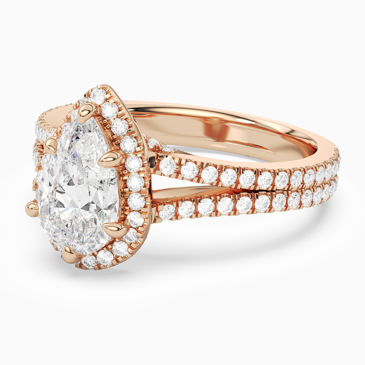 Pear Split Shank Halo in 14K Rose Gold top angle