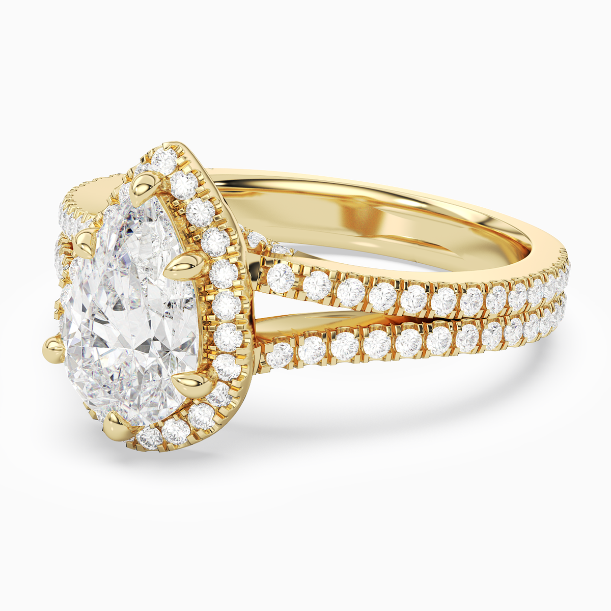 Pear Split Shank Halo in 14K Yellow Gold top angle