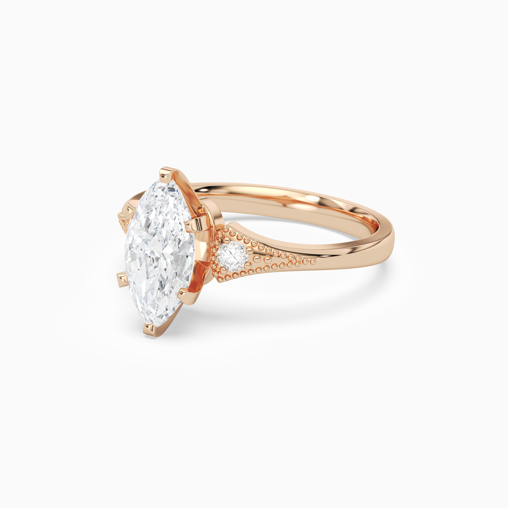 Marquise Milgrain Shoulder Side Stone Ring in 14K Rose Gold top angle
