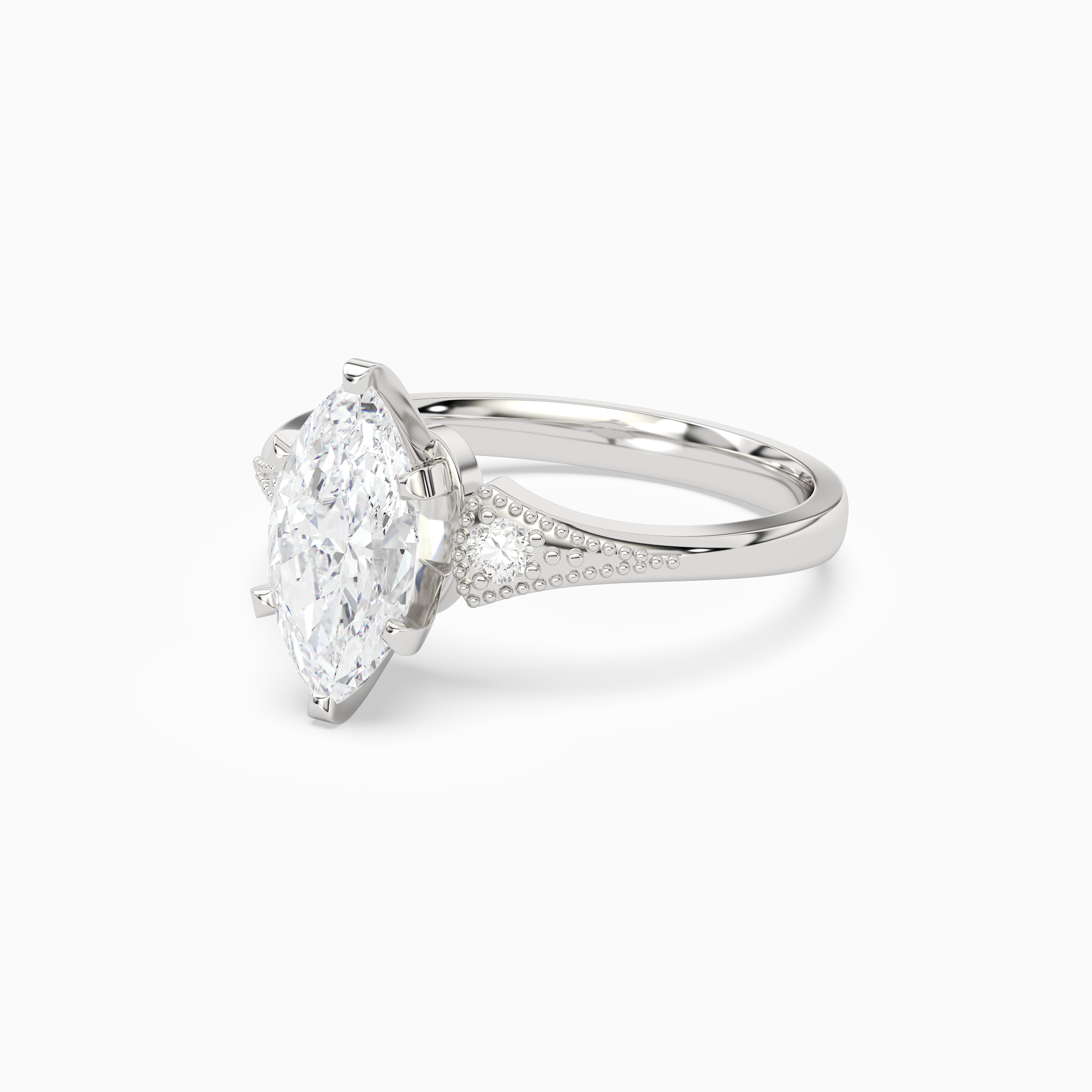 Marquise Milgrain Shoulder Side Stone Ring in 14K White Gold top angle