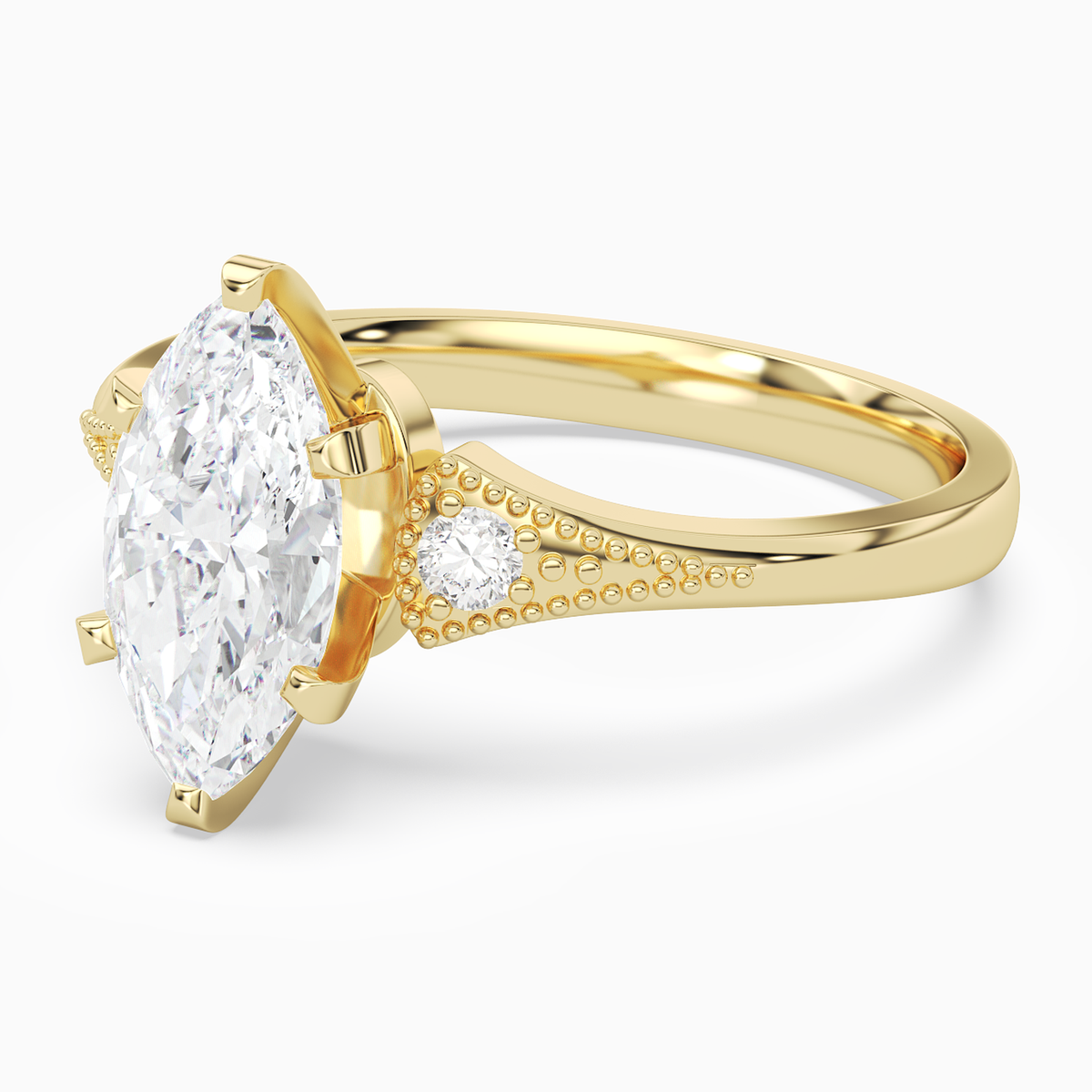 Marquise Milgrain Shoulder Side Stone Ring in 14K Yellow Gold top angle