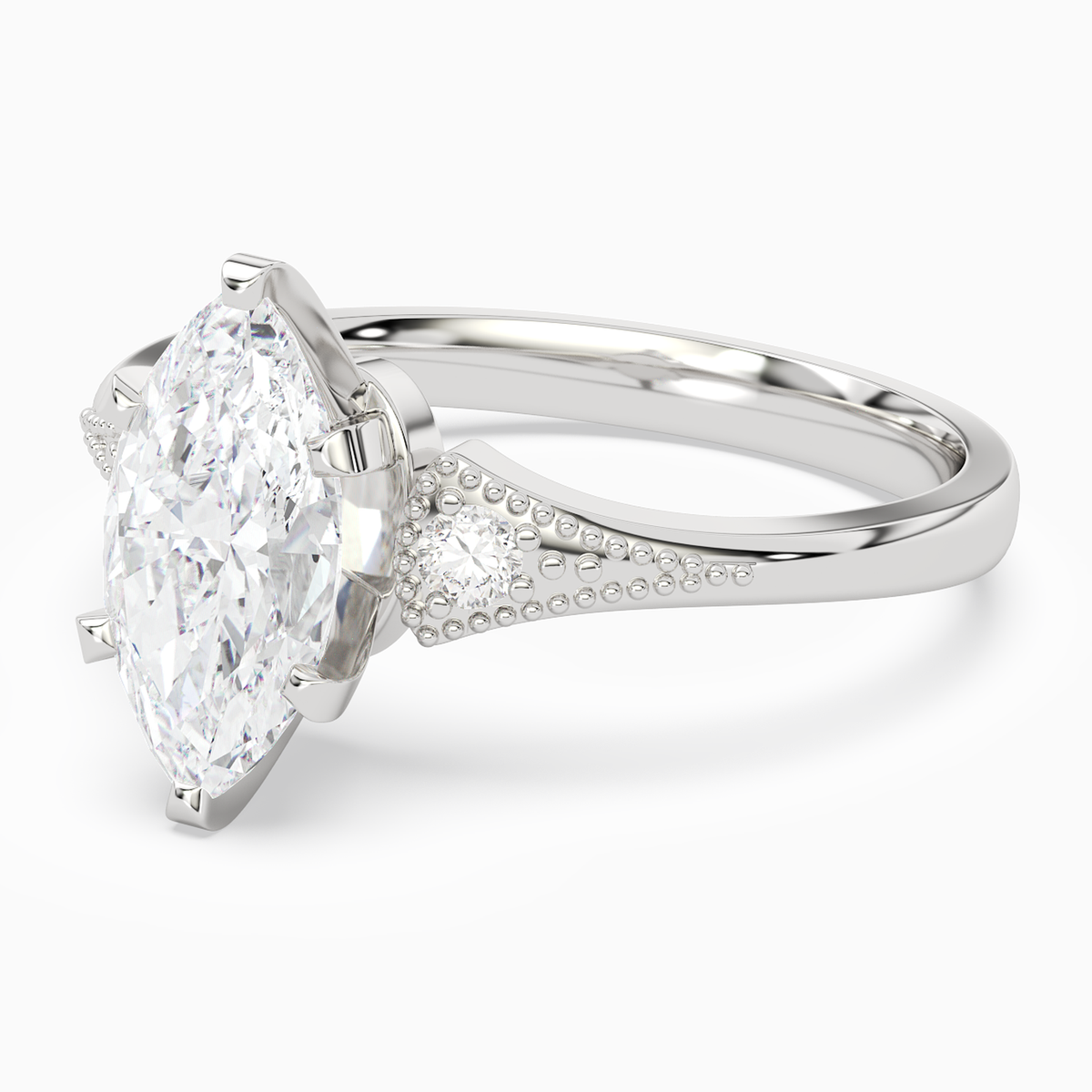 Marquise Milgrain Shoulder Side Stone Ring in Platinum top angle