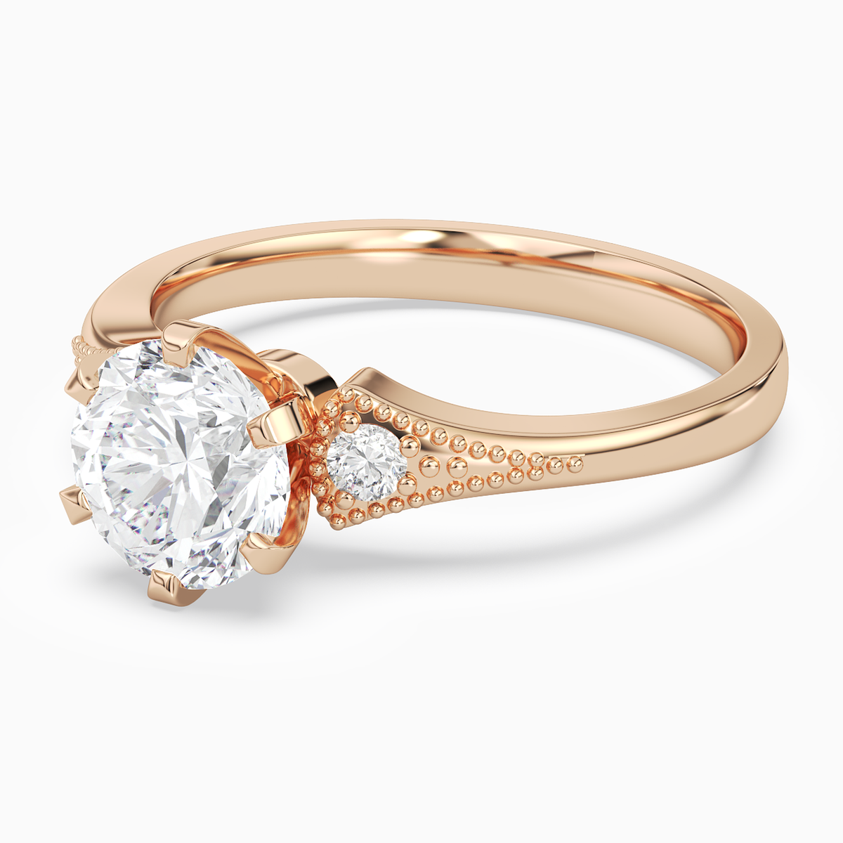 Round Milgrain Shoulder Side Stone Ring in 14K Rose Gold top angle
