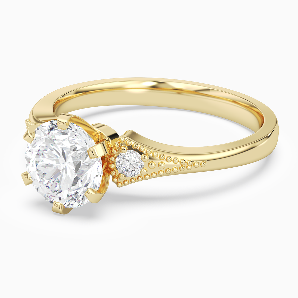 Round Milgrain Shoulder Side Stone Ring in 18K Yellow Gold top angle
