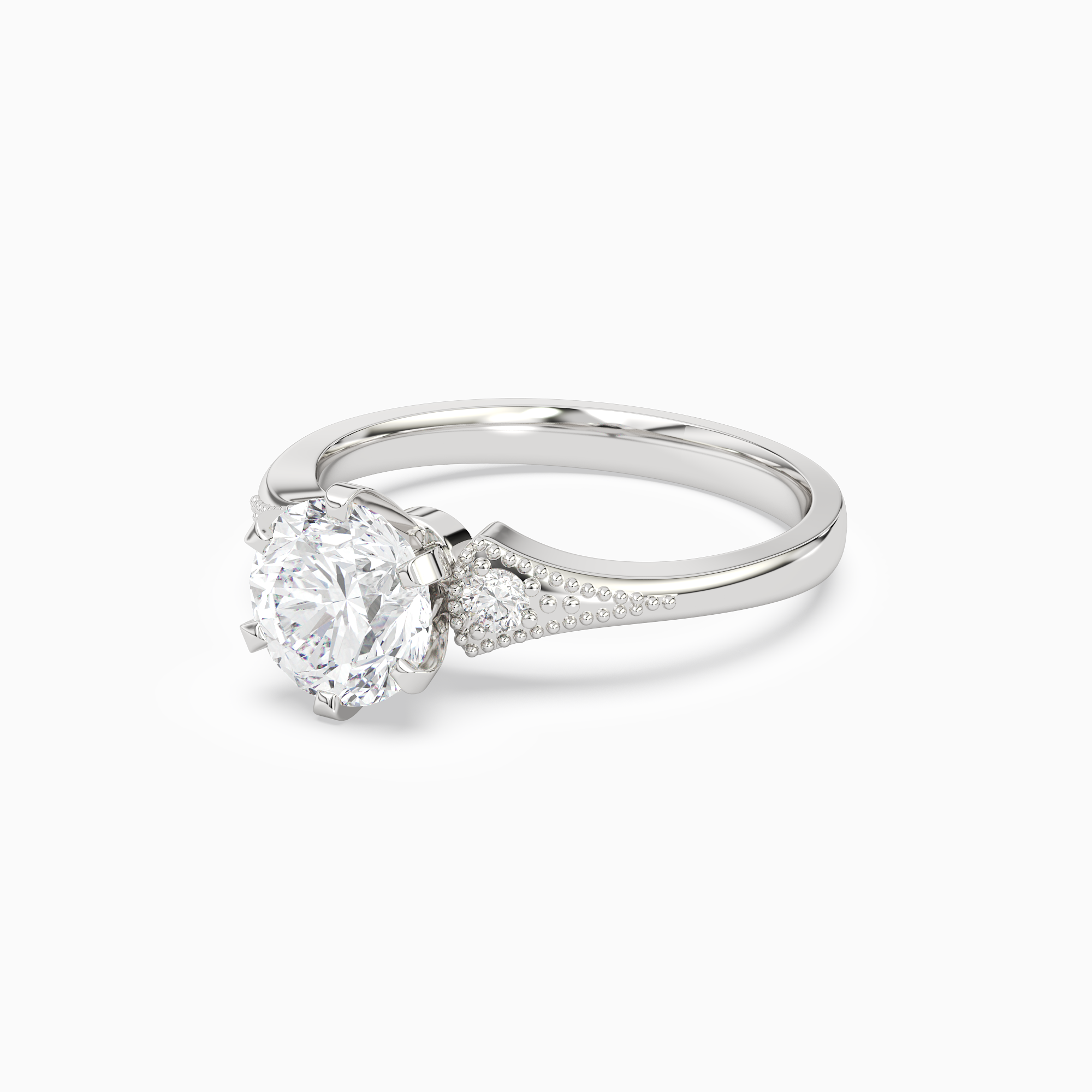 Round Milgrain Shoulder Side Stone Ring in Platinum top angle