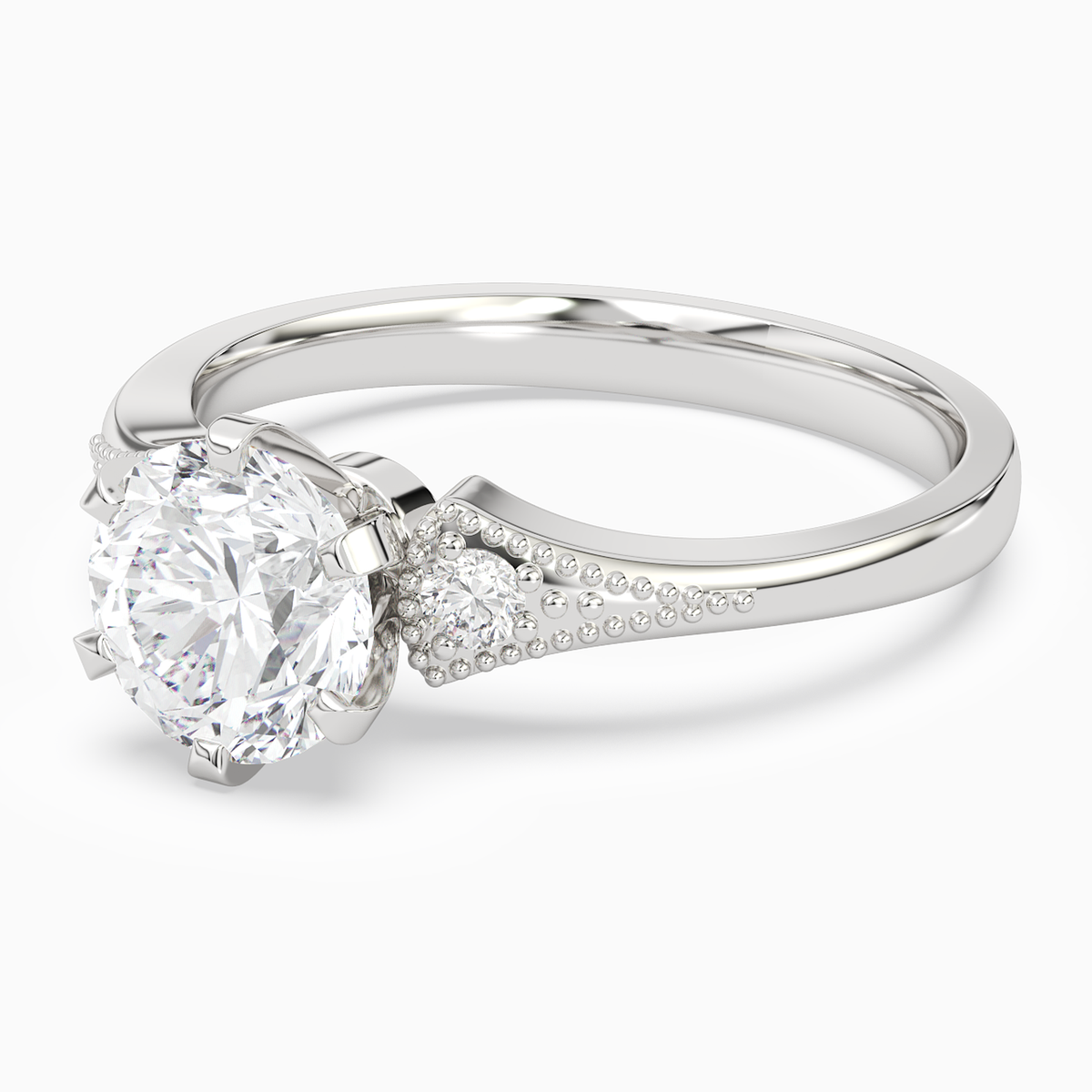 Round Milgrain Shoulder Side Stone Ring in Platinum top angle