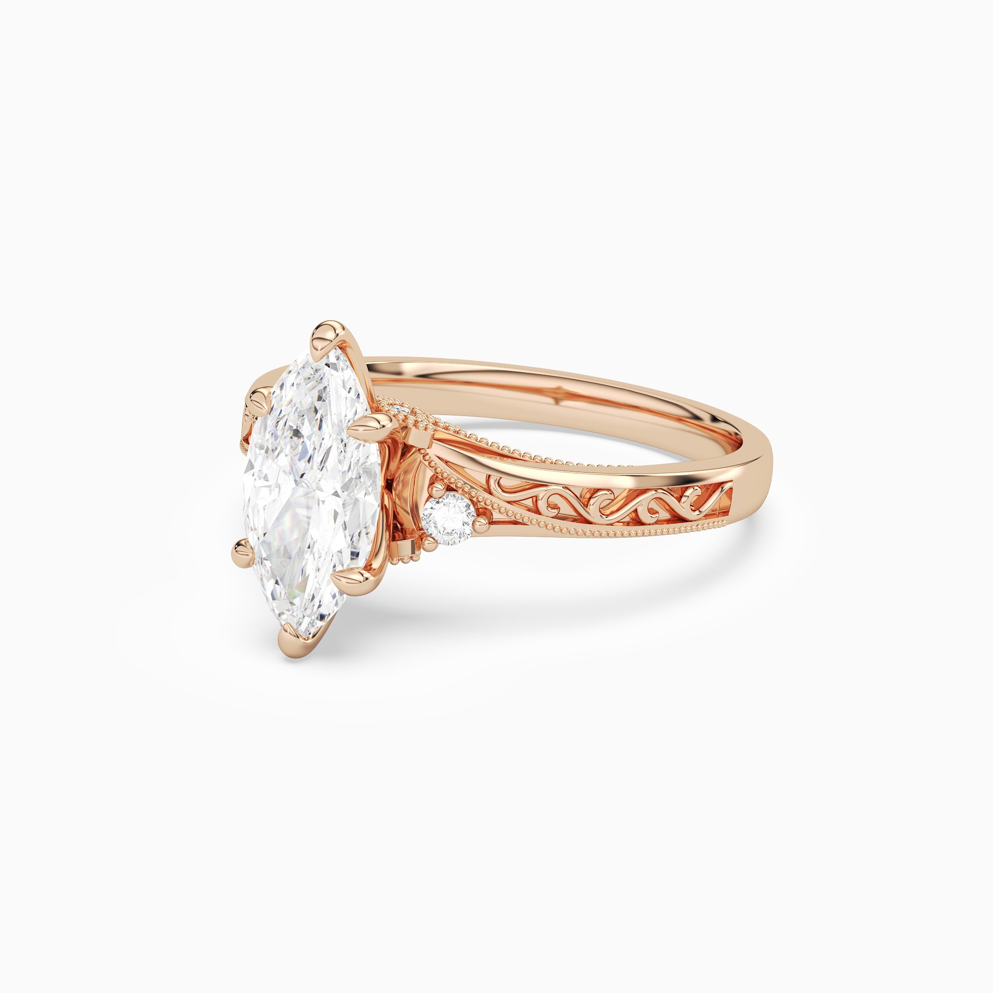 Marquise Engraved Vintage Side Stone Ring in 14K Rose Gold top angle