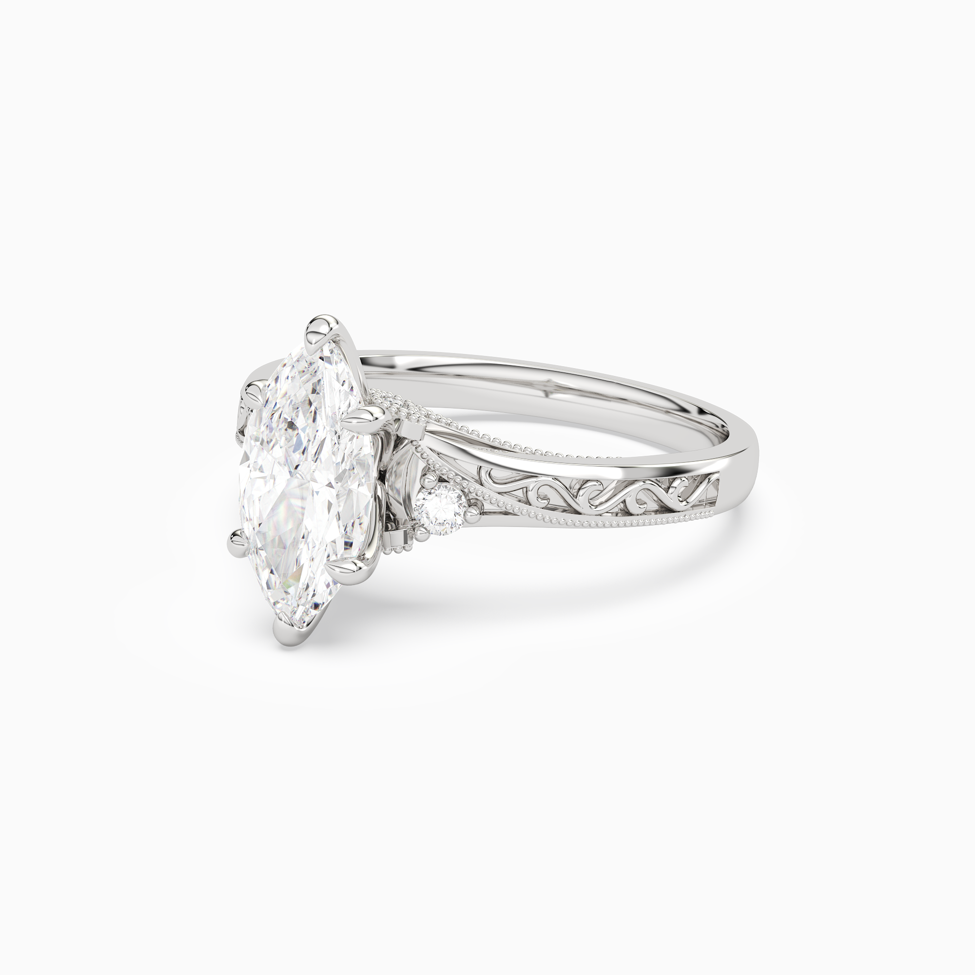 Marquise Engraved Vintage Side Stone Ring in 14K White Gold top angle