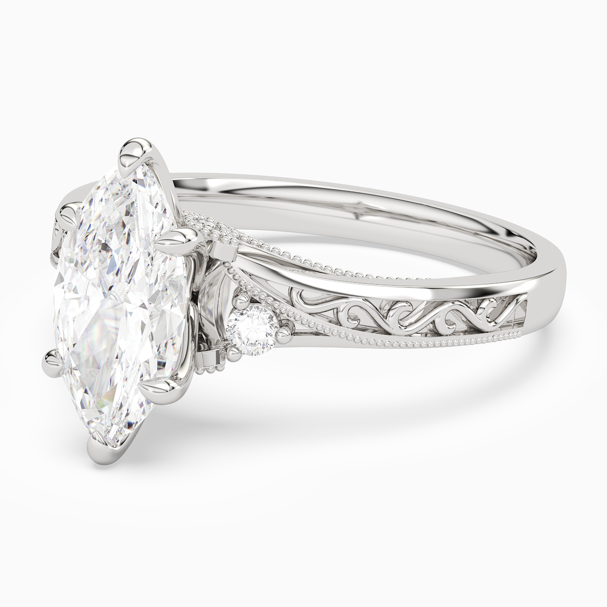 Marquise Engraved Vintage Side Stone Ring in 14K White Gold top angle