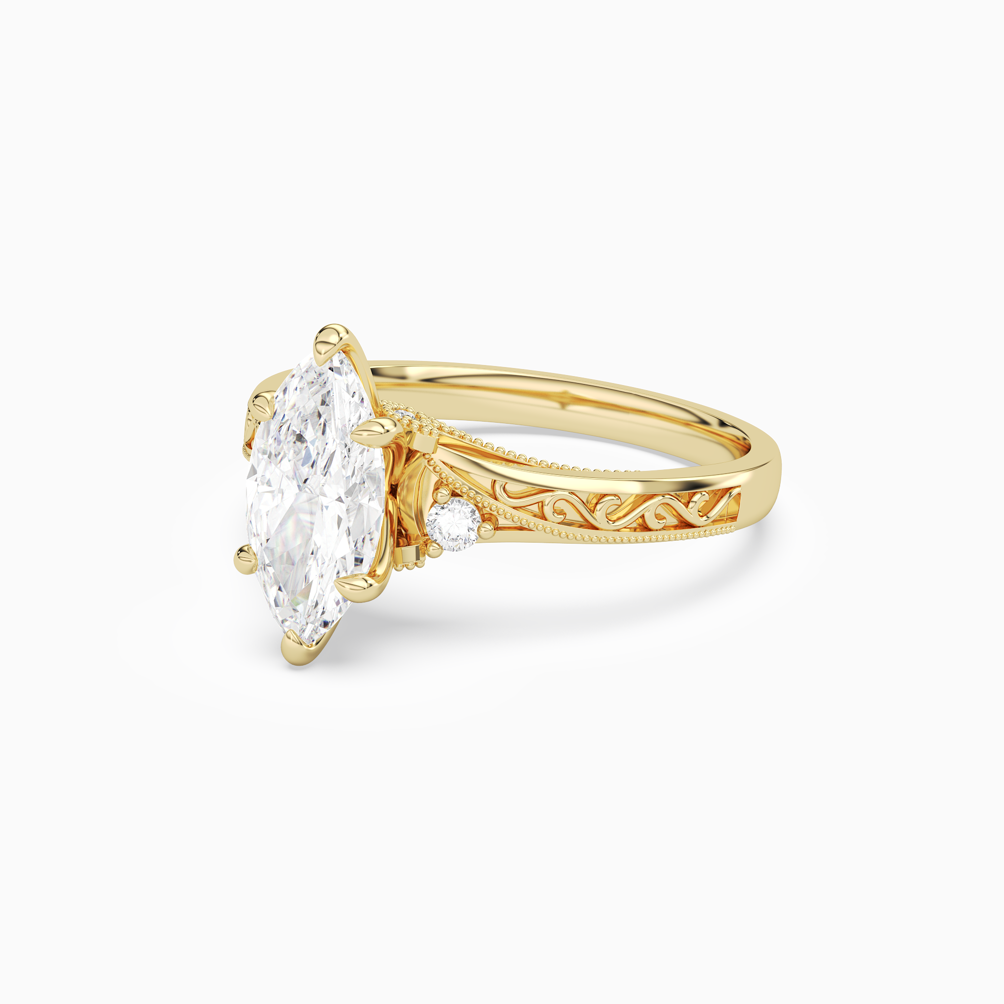 Marquise Engraved Vintage Side Stone Ring in 18K Yellow Gold top angle