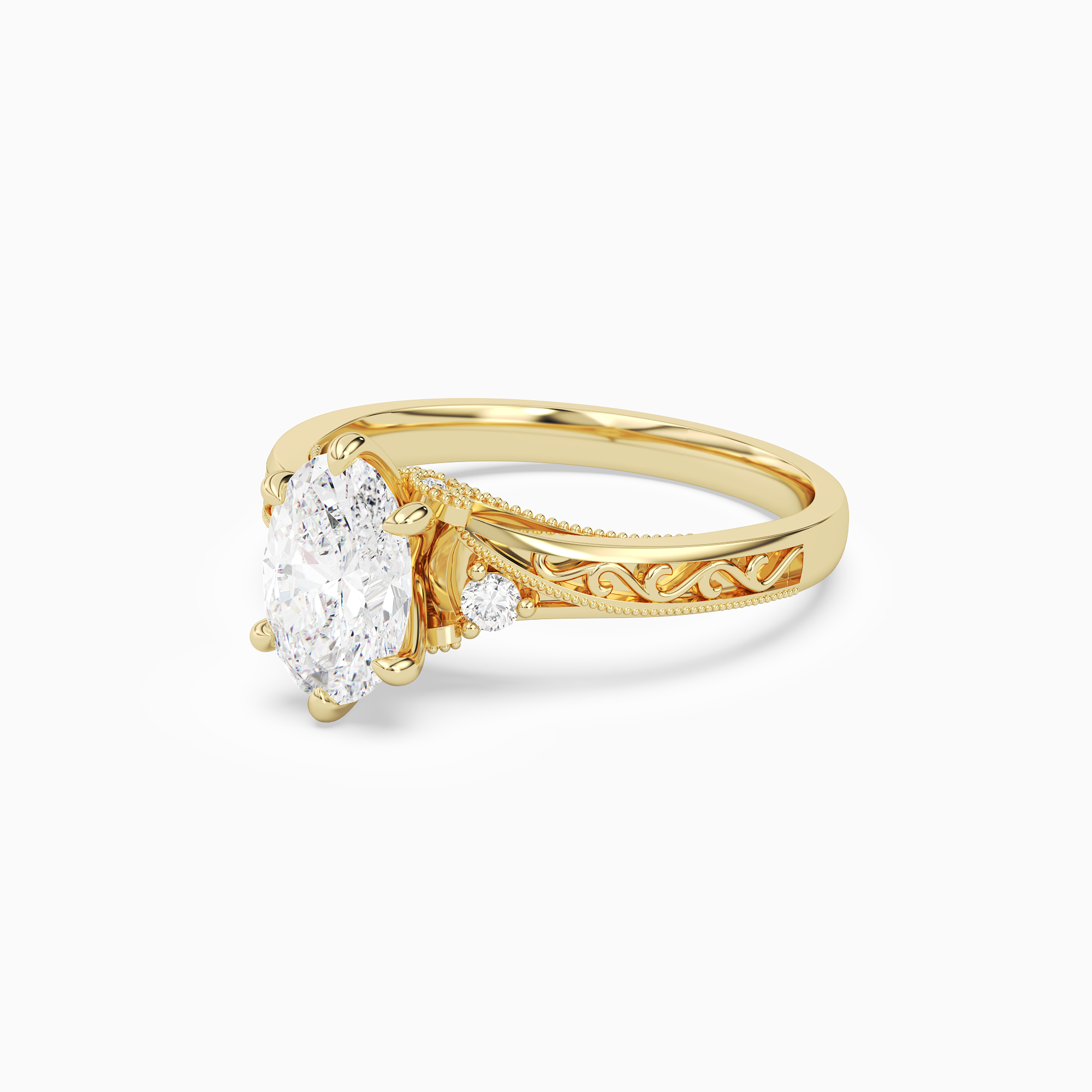 Oval Engraved Vintage Side Stone Ring in 18K Yellow Gold top angle