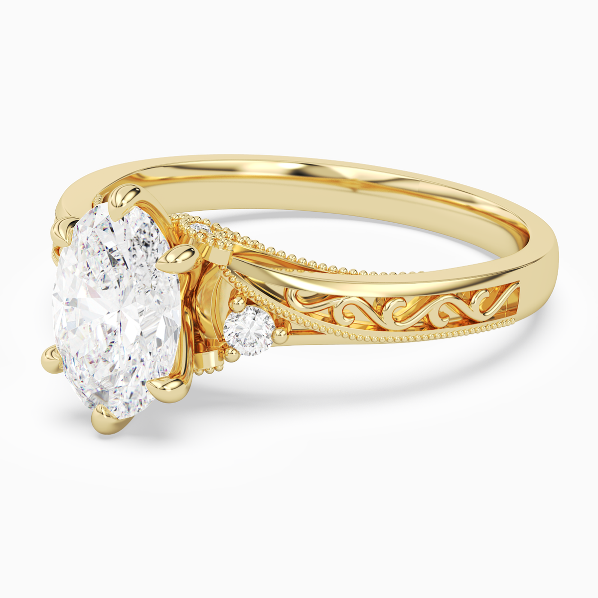 Oval Engraved Vintage Side Stone Ring in 18K Yellow Gold top angle