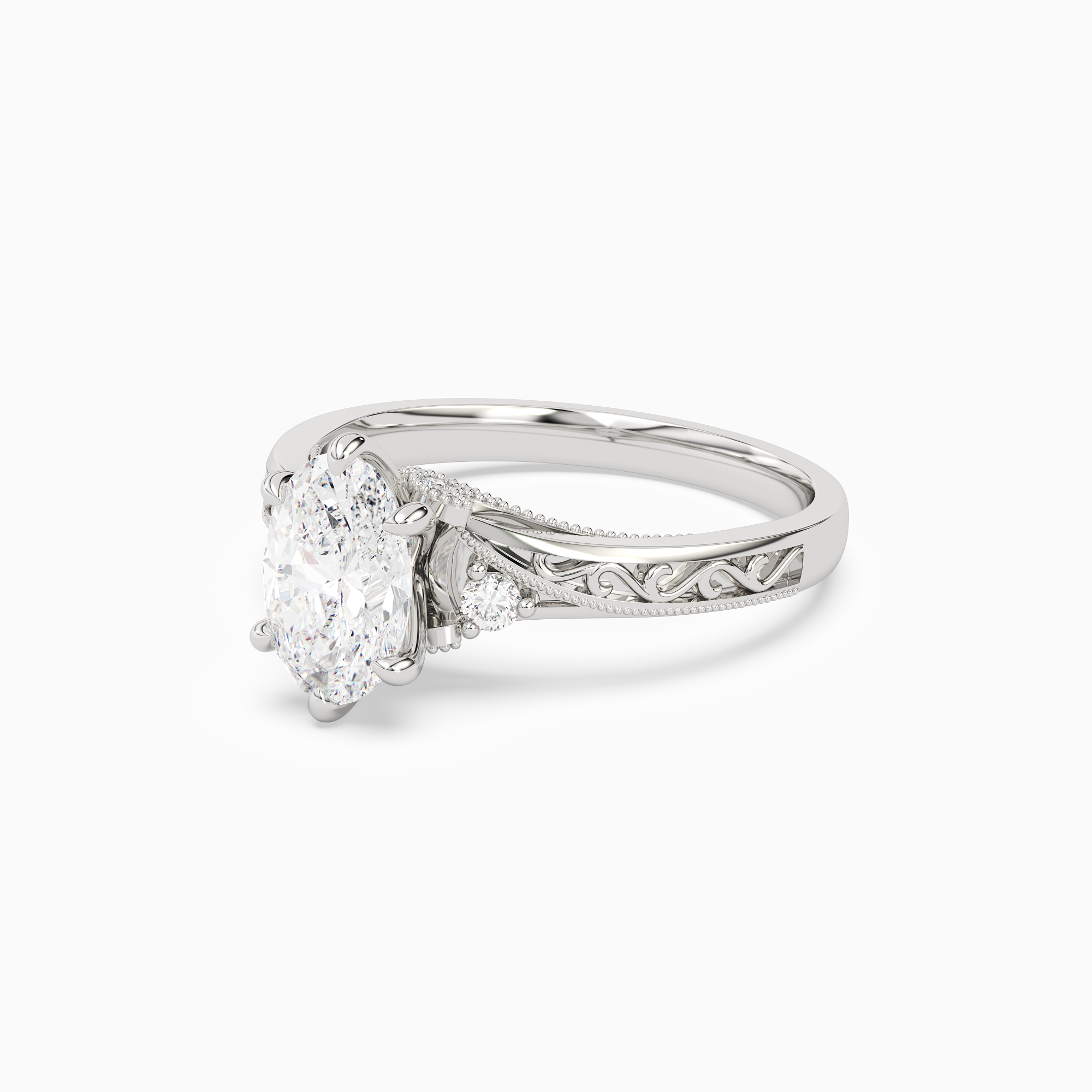 Oval Engraved Vintage Side Stone Ring in Platinum top angle