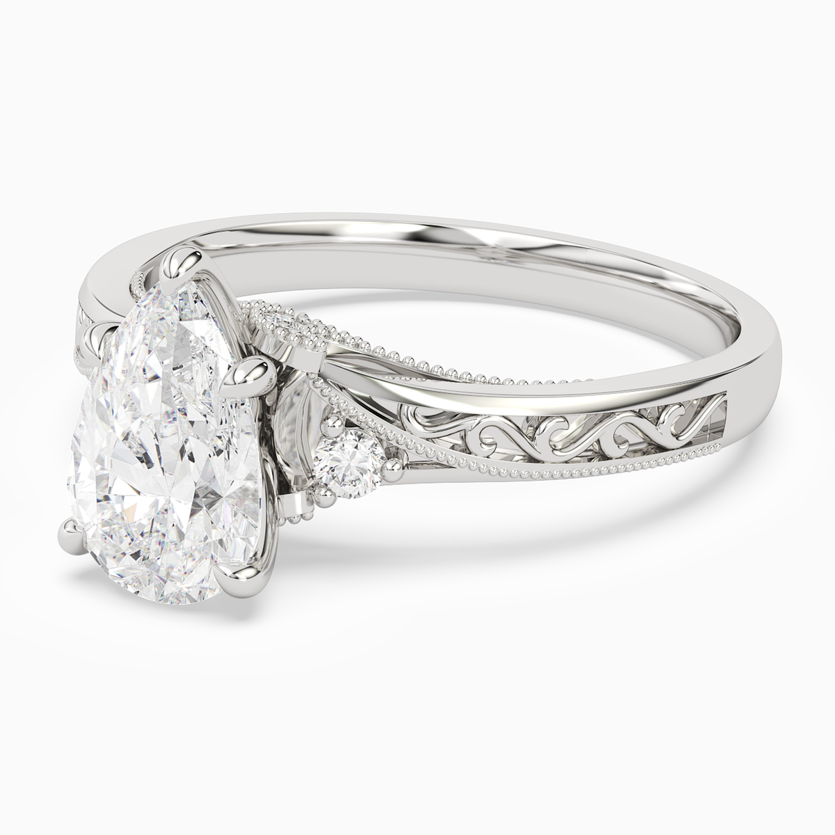 Pear Engraved Vintage Side Stone Ring in 14K White Gold top angle